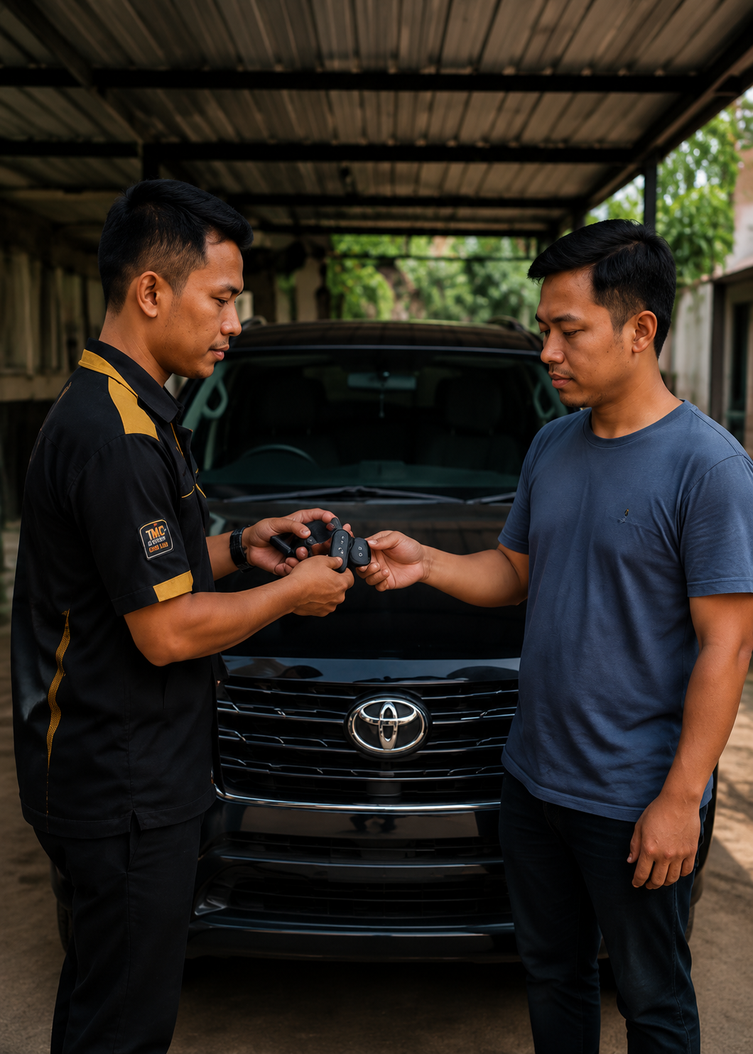 Teknisi Jasa Kunci Brebes sedang melakukan proses duplikat kunci fisik mobil Toyota Innova panggilan langsung di lokasi konsumen area Brebes